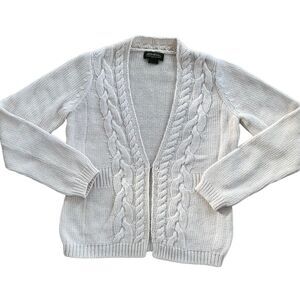 Eddie Bauer Cable Knit Soft  Ivory Long Sleeve One Hook Cardigan Sweater